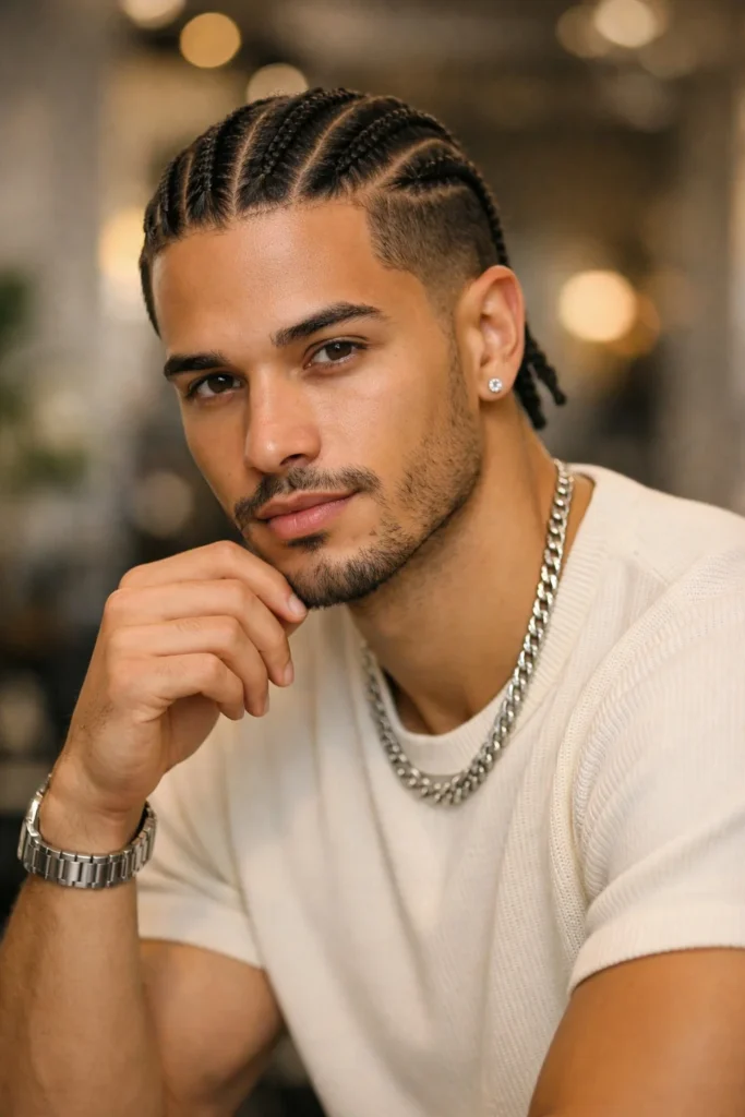 Minimalist cornrow braids for men with clean lines and spacing