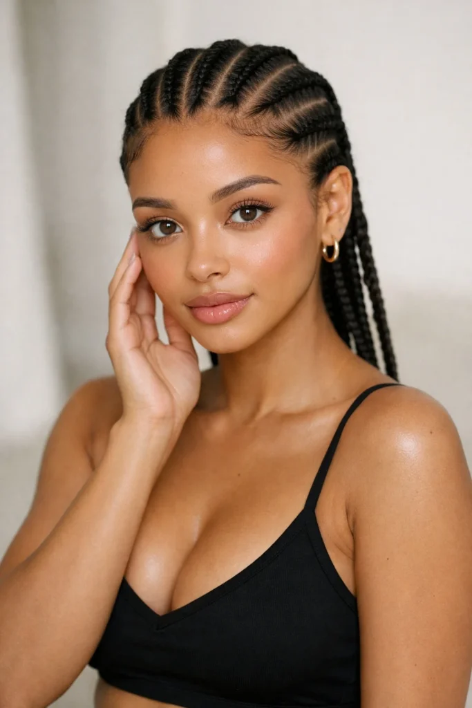 Minimalist cornrows on black hair with clean lines and simple protective design.