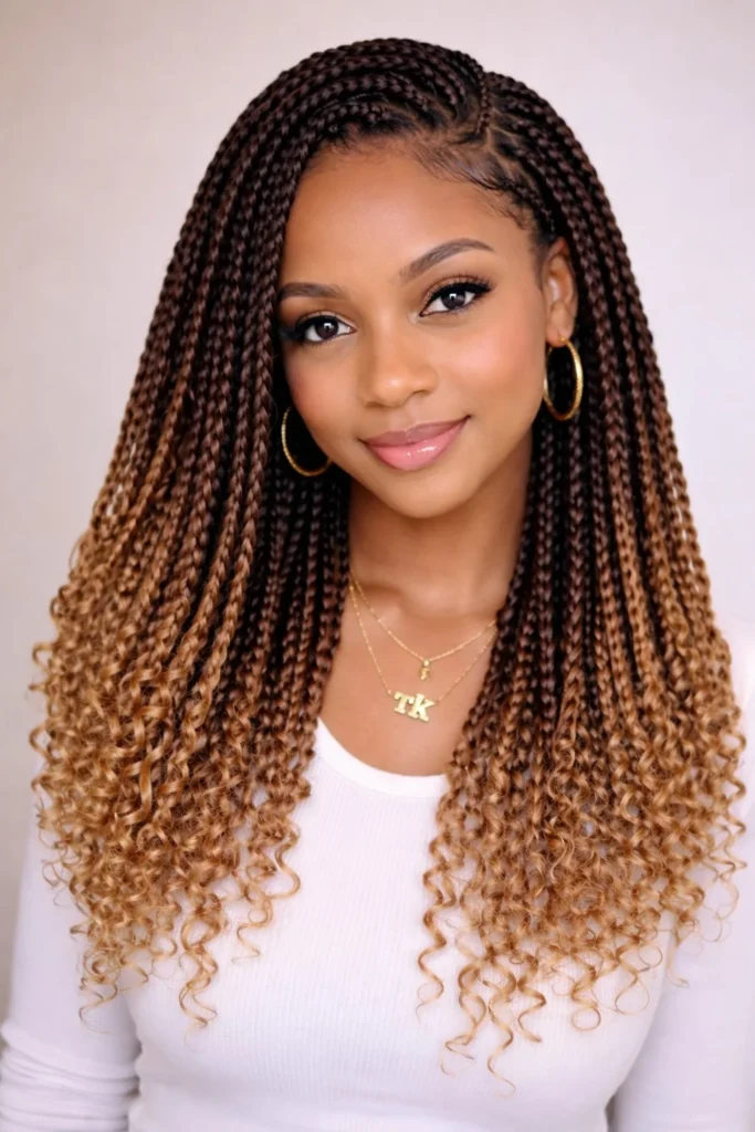Ombre crochet box braids hairstyle with dark roots blending into lighter ends.