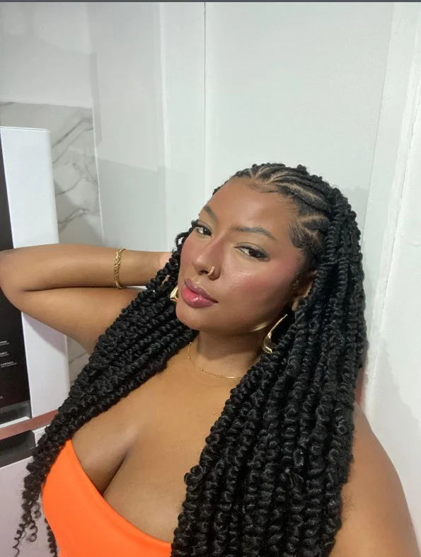 Passion twist crochet braids with lightweight bohemian texture and neat roots