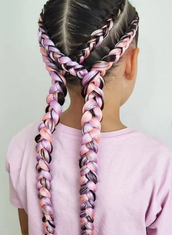 Pastel-toned 4 cornrow braids hairstyle with soft pink and blue feed-in extensions
