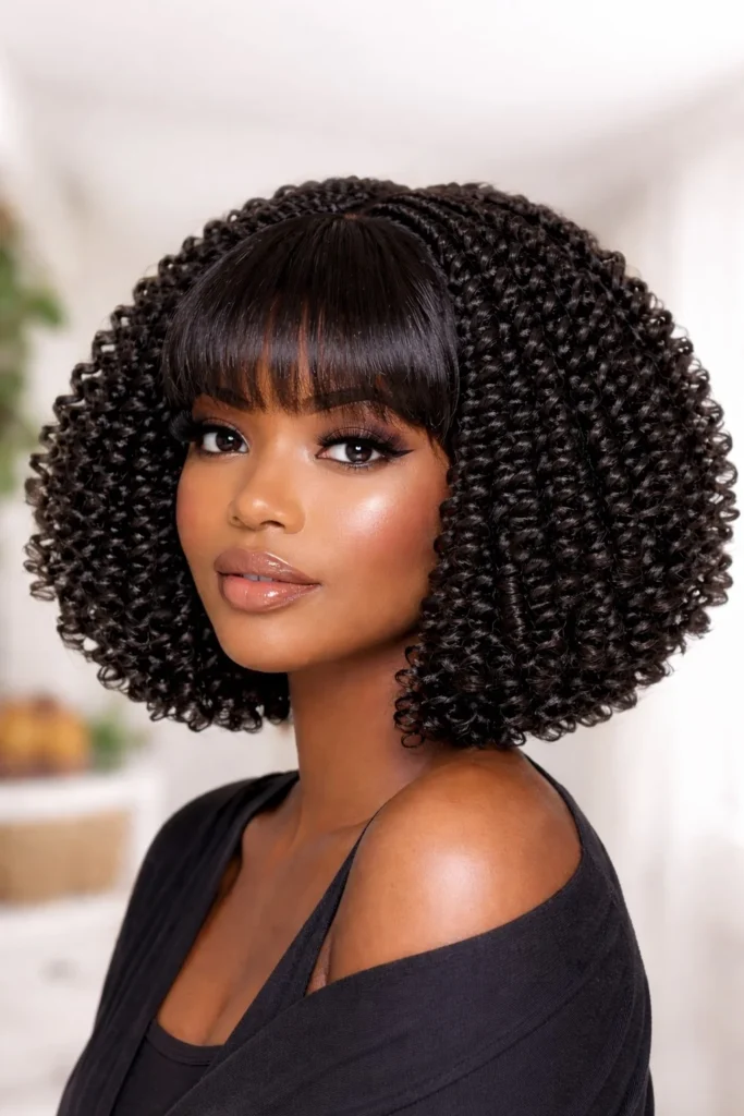 Short bob crochet braids with face-framing bangs.