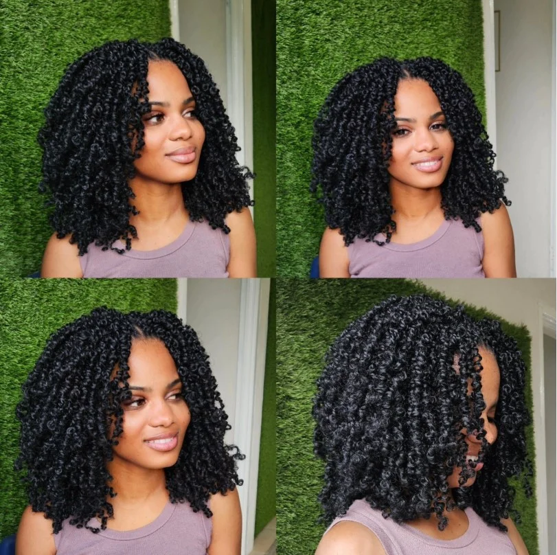 Short passion twist crochet braids with playful twisted texture and lightweight feel.