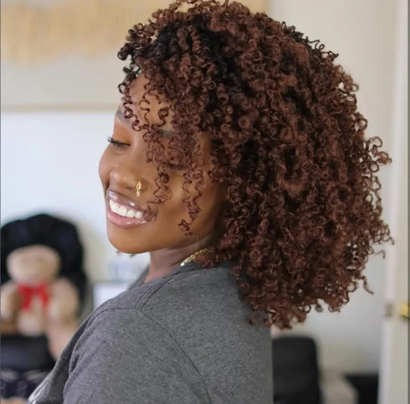 Short Senegalese twist crochet braids with sleek twist texture.