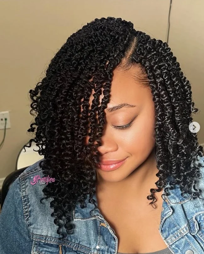 Short spring twist crochet braids with bouncy, spiral twists.