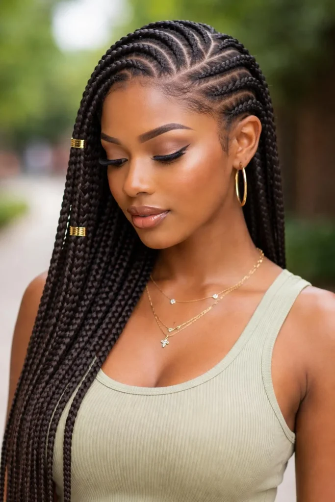Side-part Ghana braids cornrow hairstyle creating soft face-framing and modern elegance.