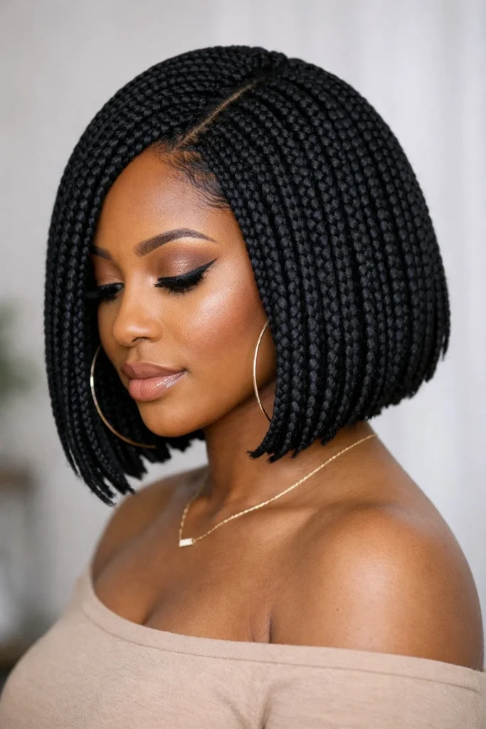 Sleek bob crochet braids with hidden braiding part.
