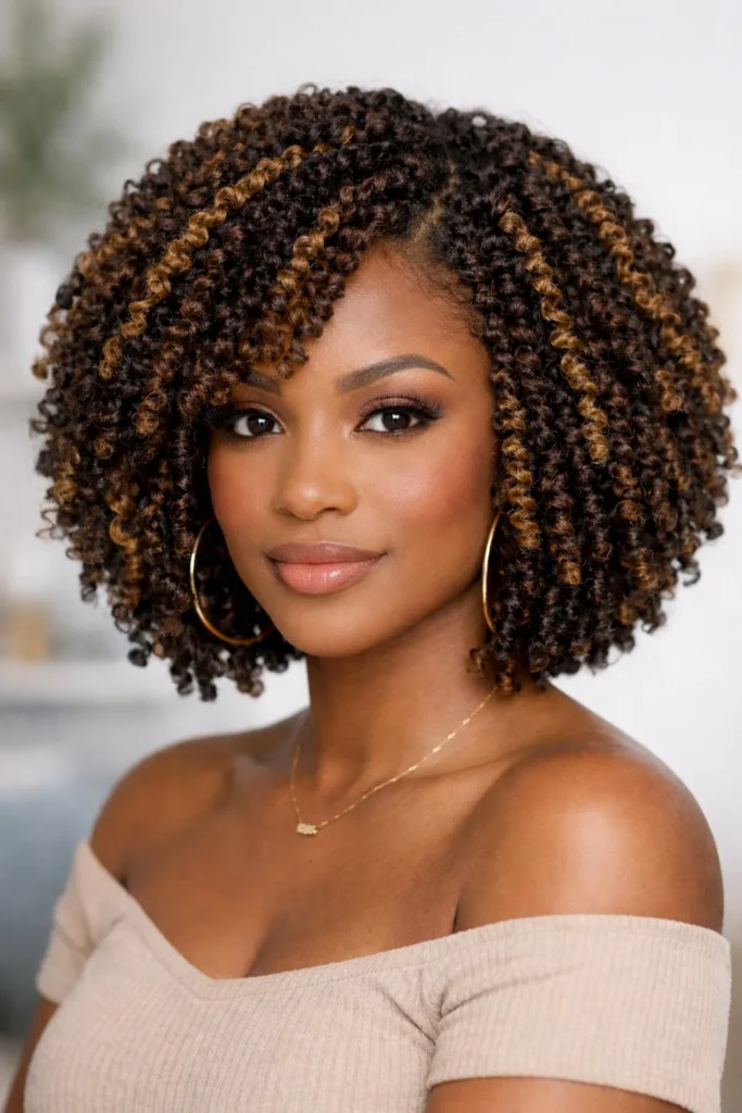 Textured bob crochet braids with highlights for depth.