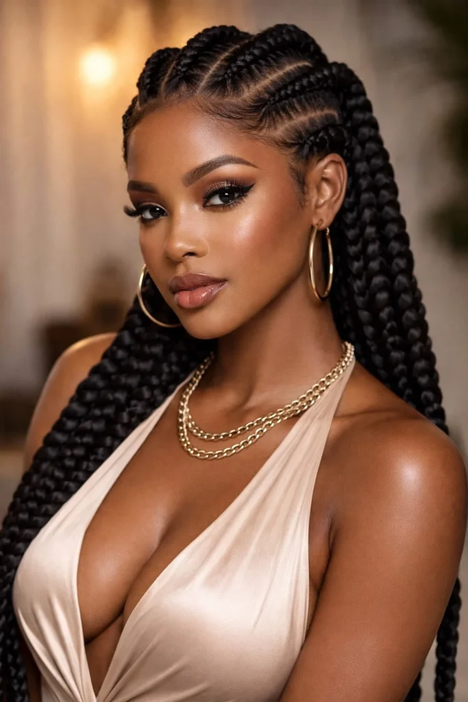 Jumbo thick cornrow braids on black hair, bold statement protective hairstyle.