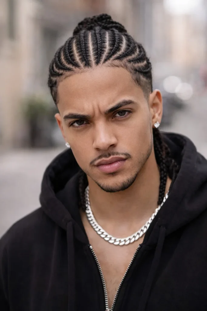 Thin, detailed cornrow braids for men on natural hair