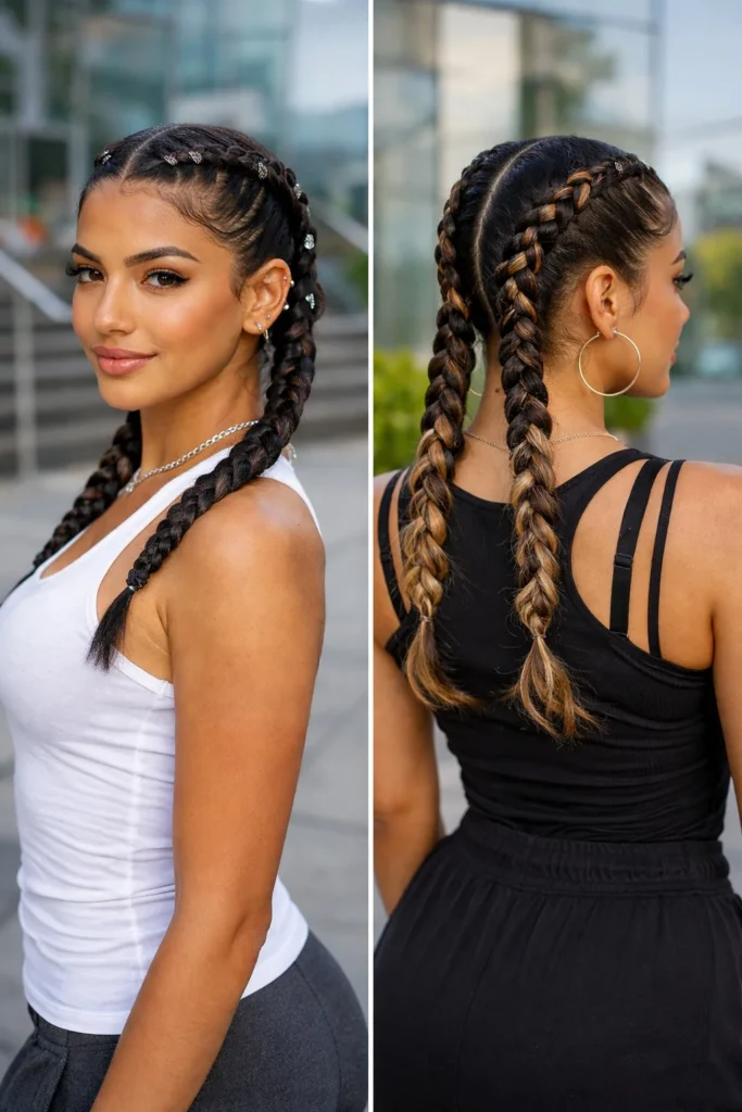 Trendy 2 cornrow braids hairstyles 2026 featuring modern parting and sleek feed-in design