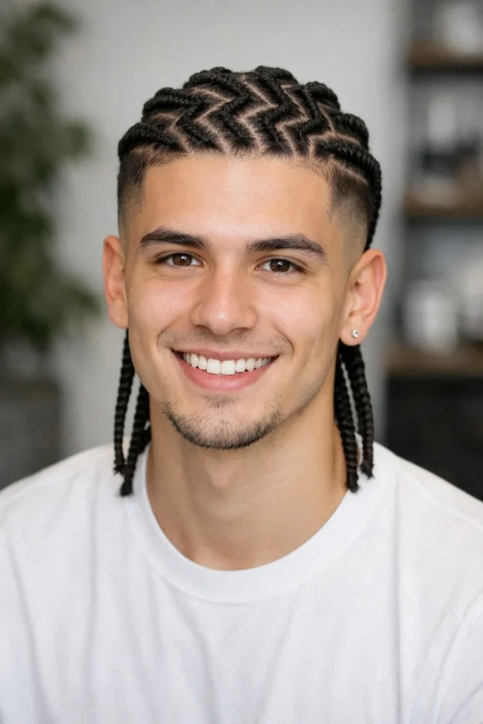 Zig-zag patterned cornrow braids for men with edgy scalp design