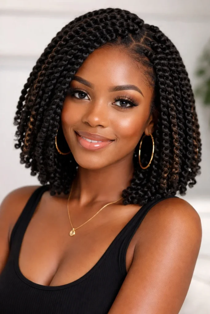 Bob-length crochet twist braids protective hairstyle.