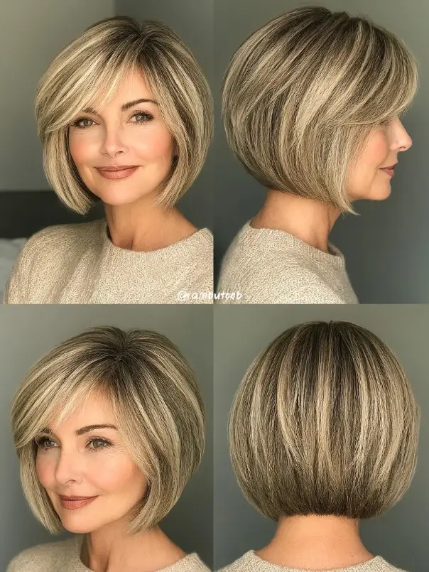 Angled bob hairstyle with side swept bangs for round face sharp structure