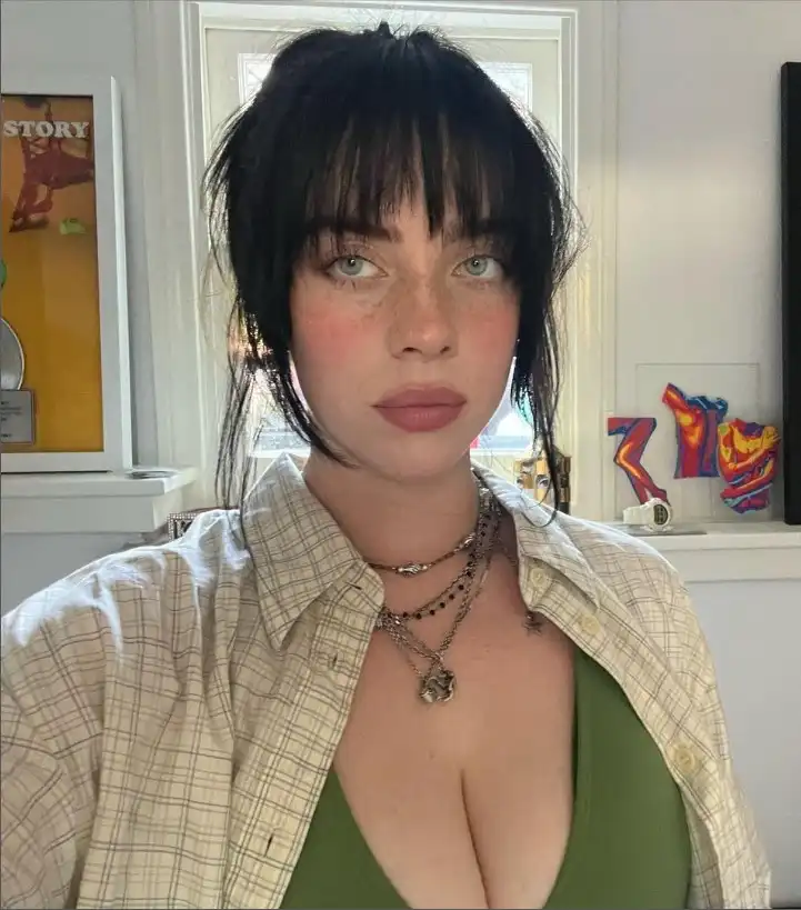 Billie Eilish textured bangs with a slightly messy, layered finish, adding depth and a modern edgy vibe to casual hairstyles.
