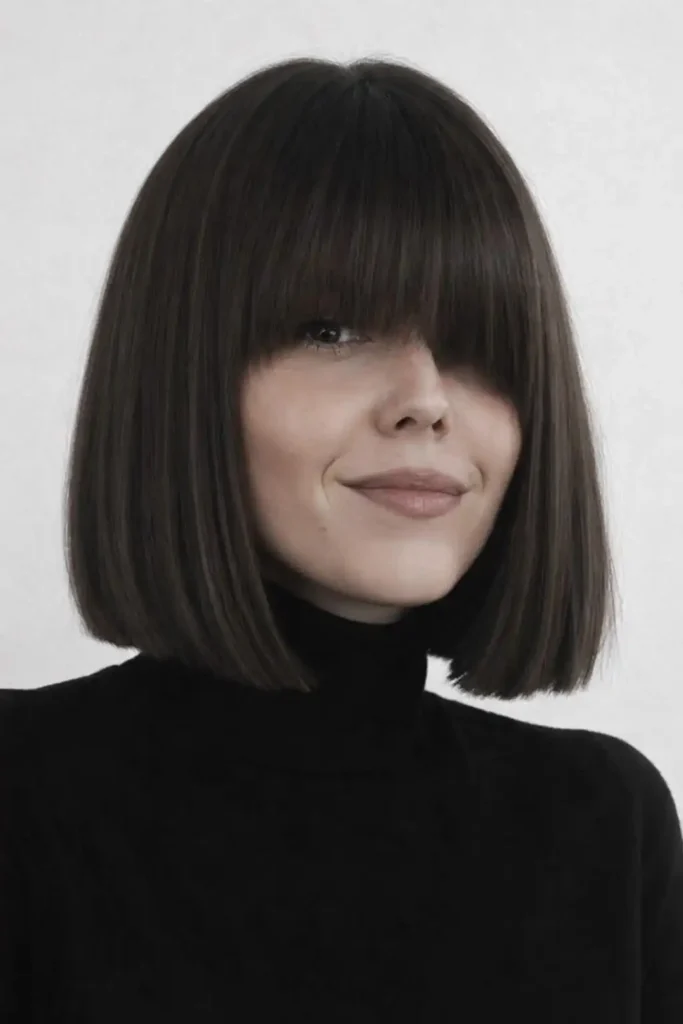 blunt bob short hairstyles with long bangs sleek haircut