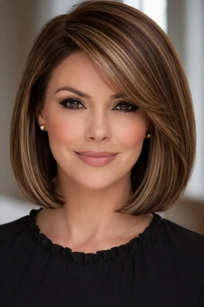 Blunt medium bob hairstyle with side swept bangs sleek ends and modern sharp style