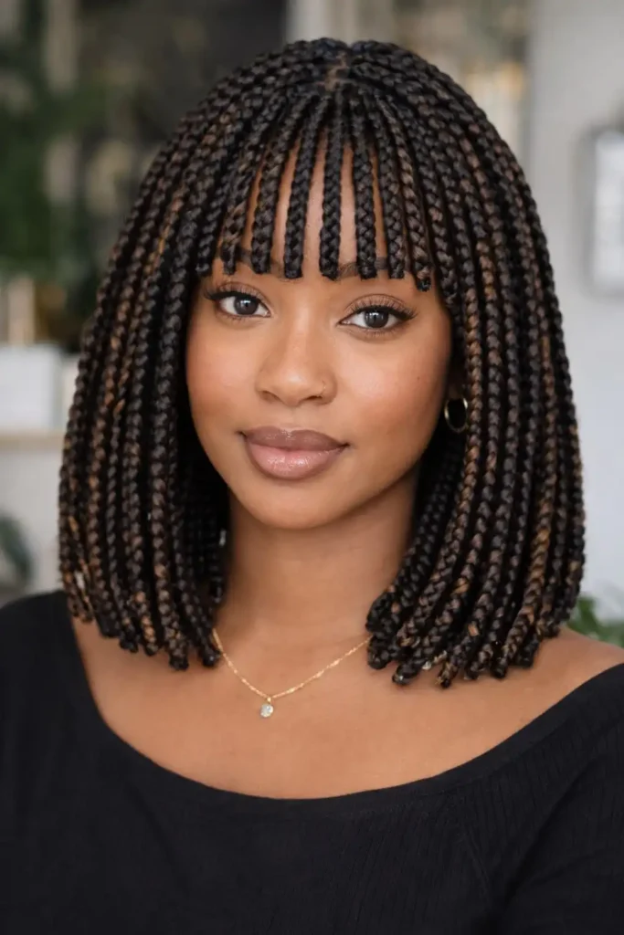 braided bangs bob box braids hairstyles with face framing braid fringe styled into a chic braided bob