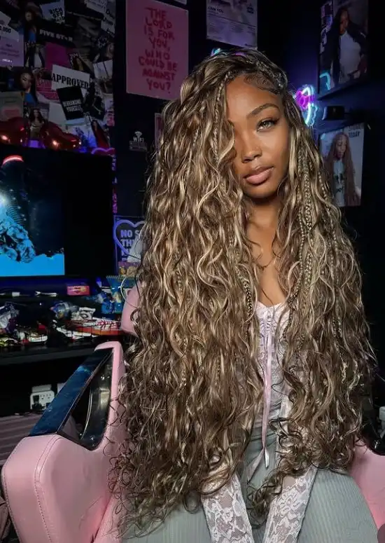 Bohemian wavy crochet braids with relaxed texture.