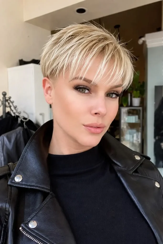 Bold wet-look pixie with delicate fringe