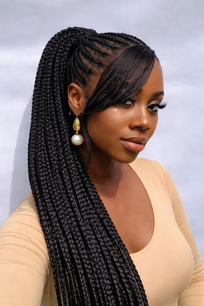 Black hairstyle box braid ponytail with side bangs protective look