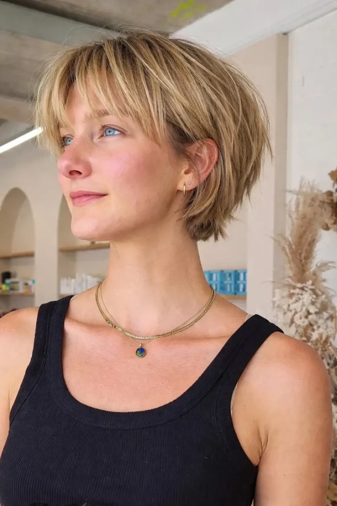 choppy crop short hairstyles with fringe bangs textured haircut