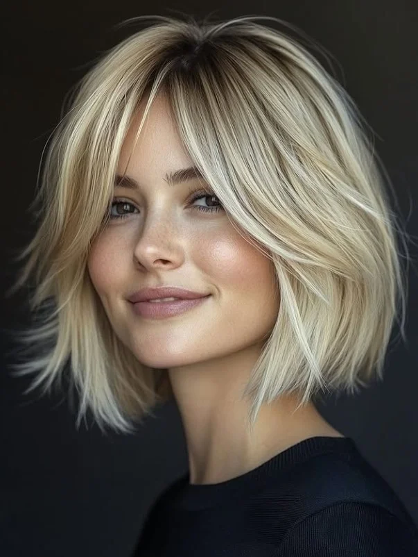 Medium bob hairstyle with side swept bangs classic, clean look with smooth finish