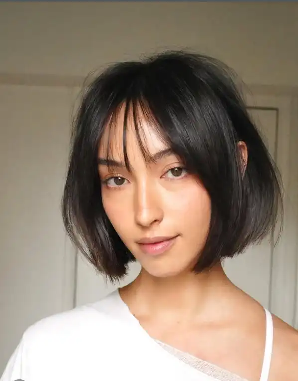 Classic straight bob with fine fringe for polished look