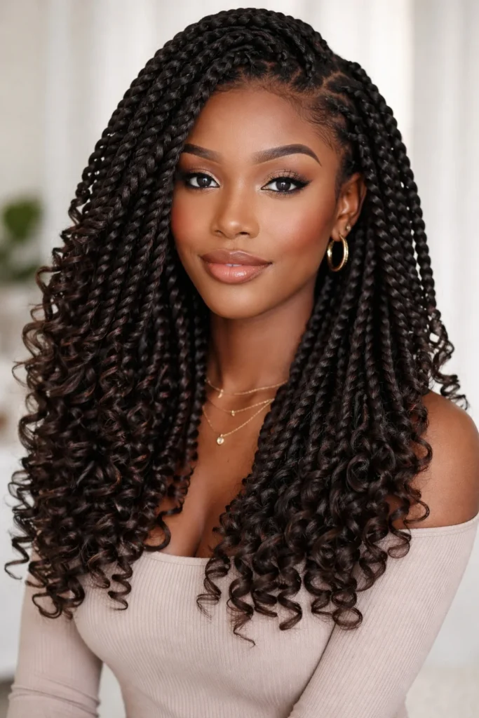 Crochet twist braids with defined curly ends.