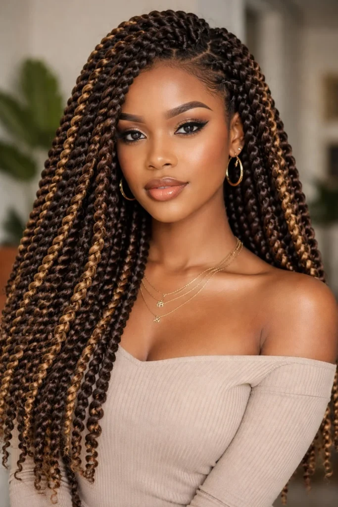 Crochet twist braids with subtle highlighted strands.