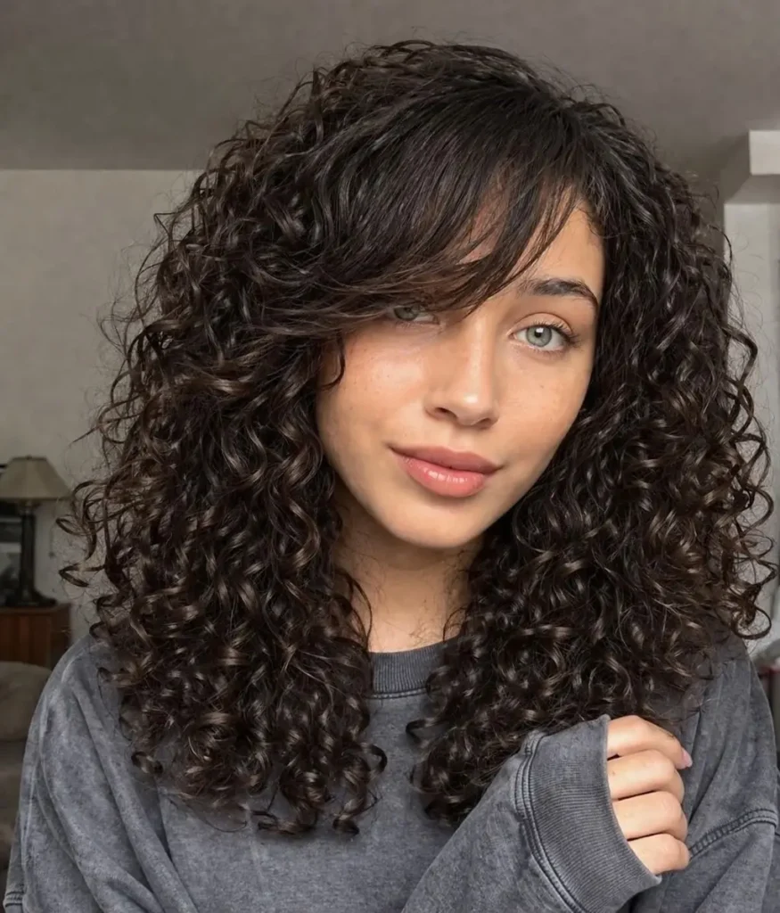 Curly hairstyle with side swept bangs for round face natural volume