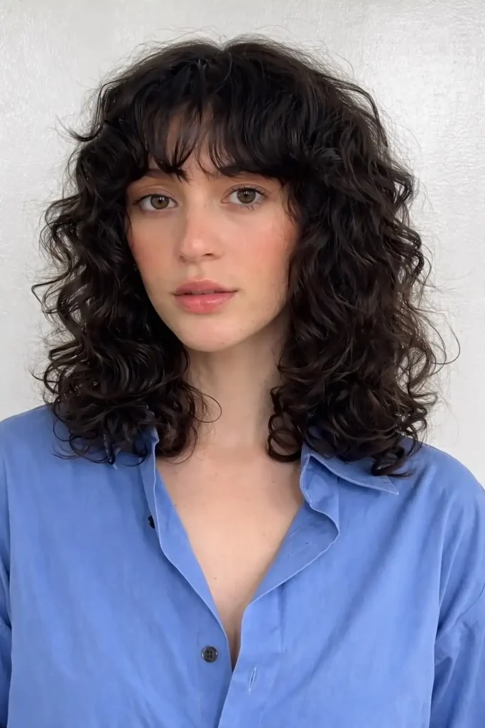 Curly layered hairstyle with light bangs natural volume