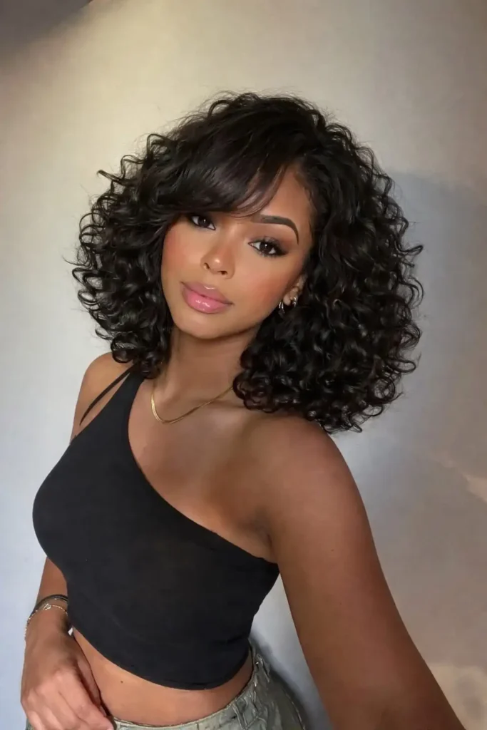 Curly shoulder length layered hairstyle with side bangs natural curls