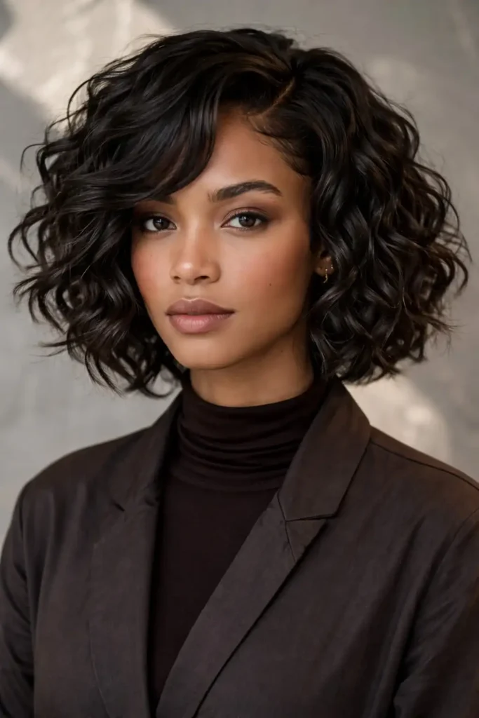 Curly medium bob hairstyle with side swept bangs natural curls with soft fringe