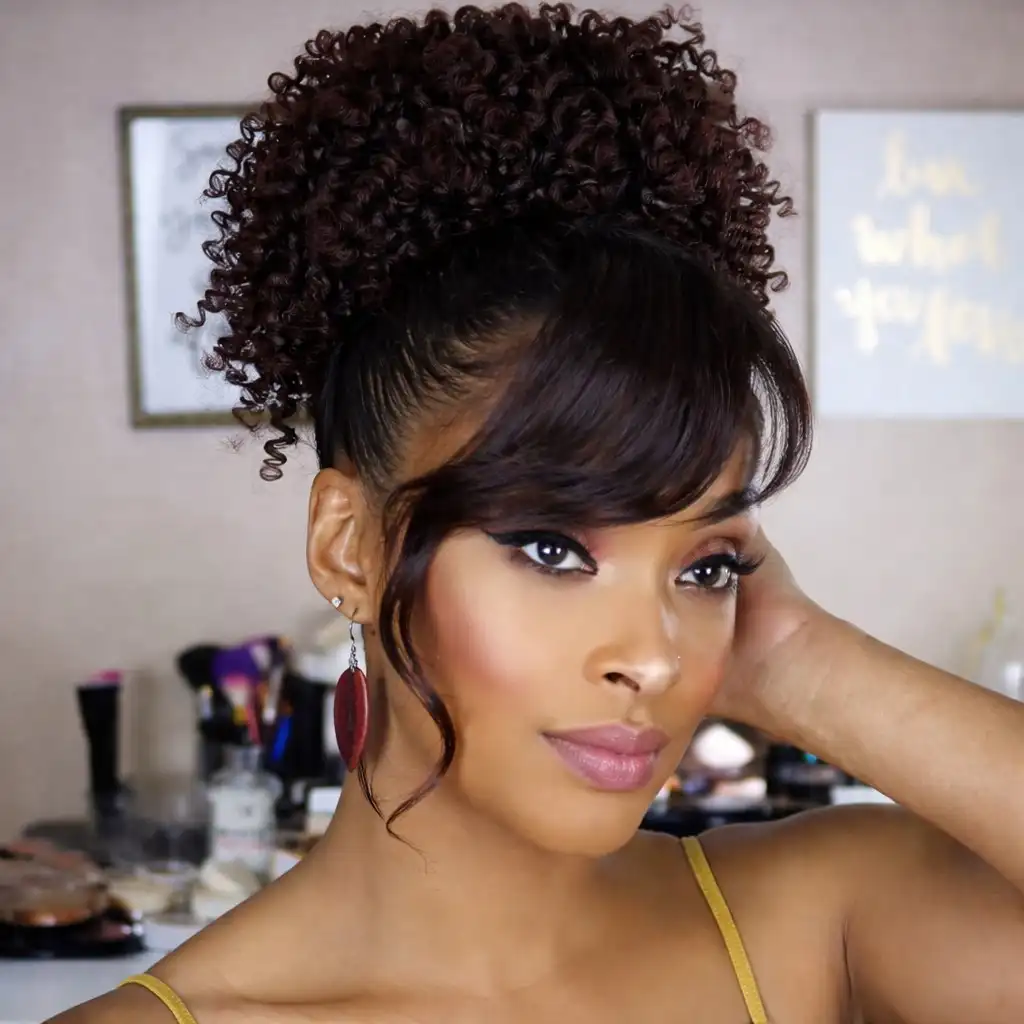 Black hairstyle curly puff ponytail with side bangs natural volume