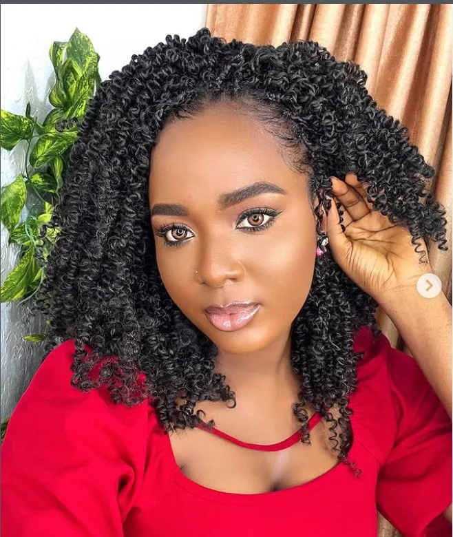 Curly-wavy blend crochet braids textured hairstyle.