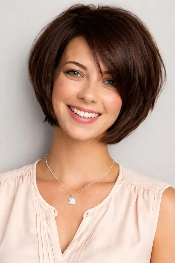 Face framing medium bob hairstyle with side swept bangs soft layers around face
