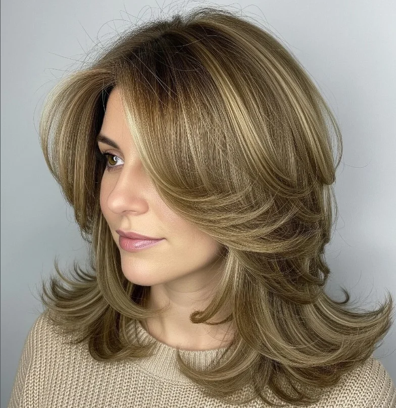Face framing shoulder length layered hairstyle with side bangs soft layers