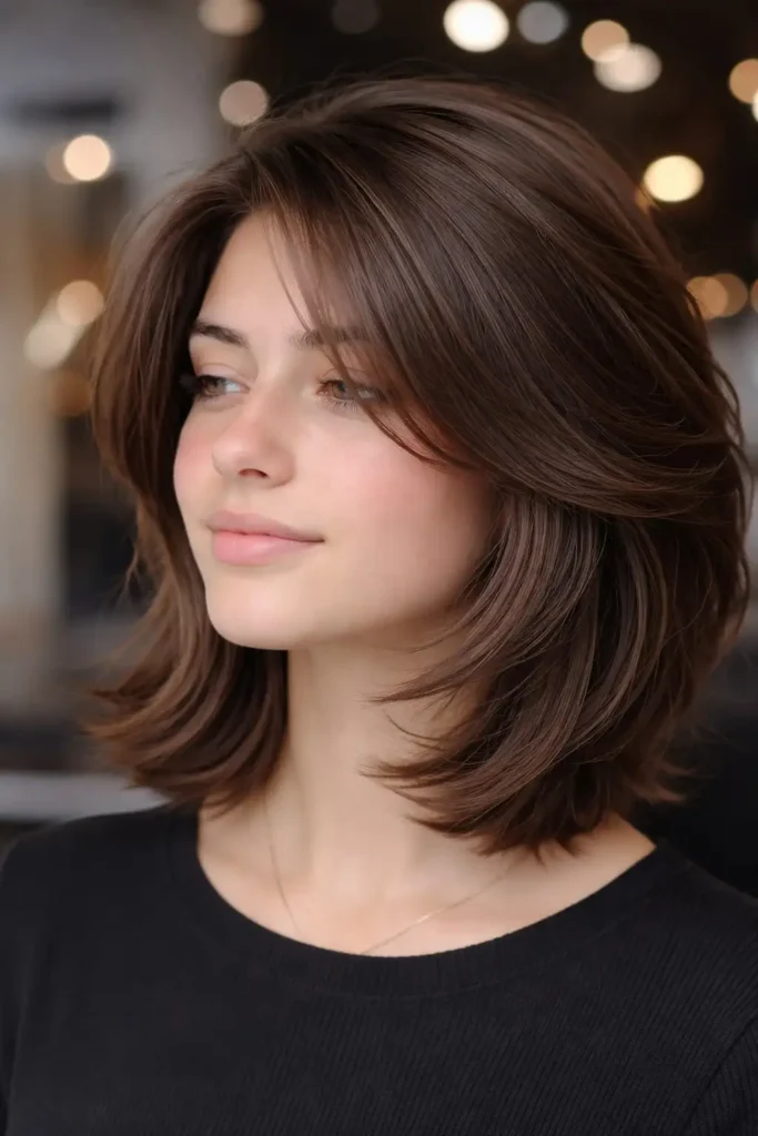 Feathered medium bob hairstyle with side swept bangs light airy layers soft finish