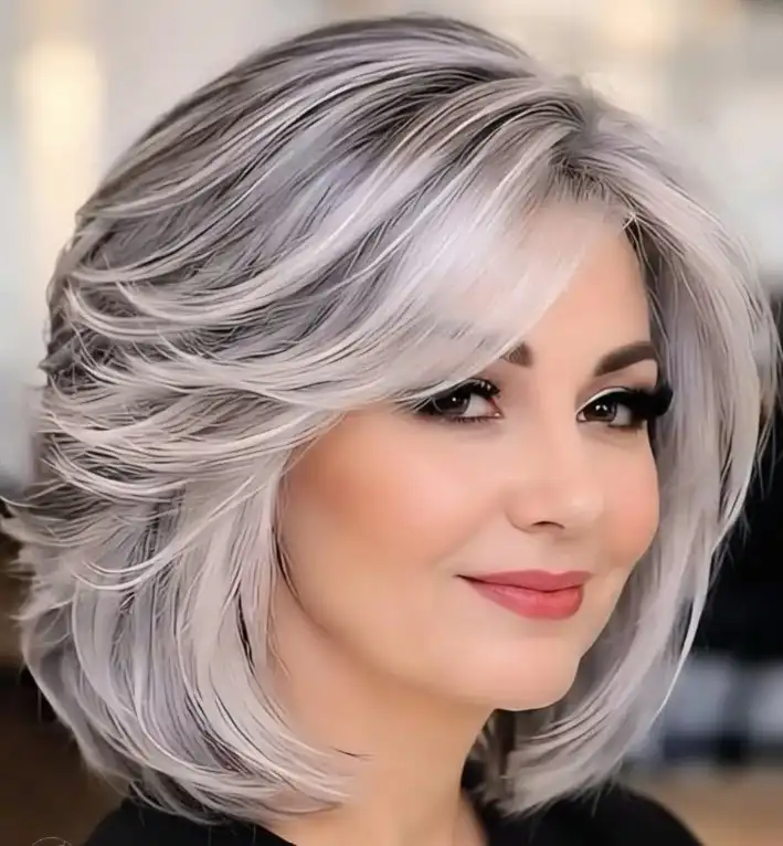 Feathered shoulder length layered hairstyle with side bangs airy layers