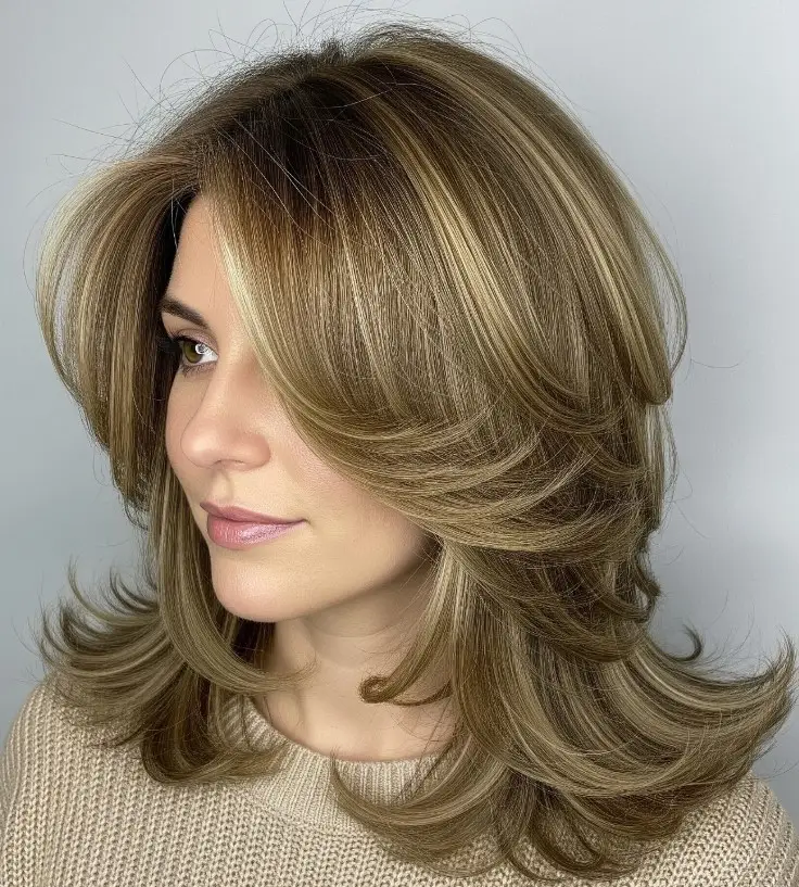 Feathered layered hairstyle with side bangs for round face soft texture