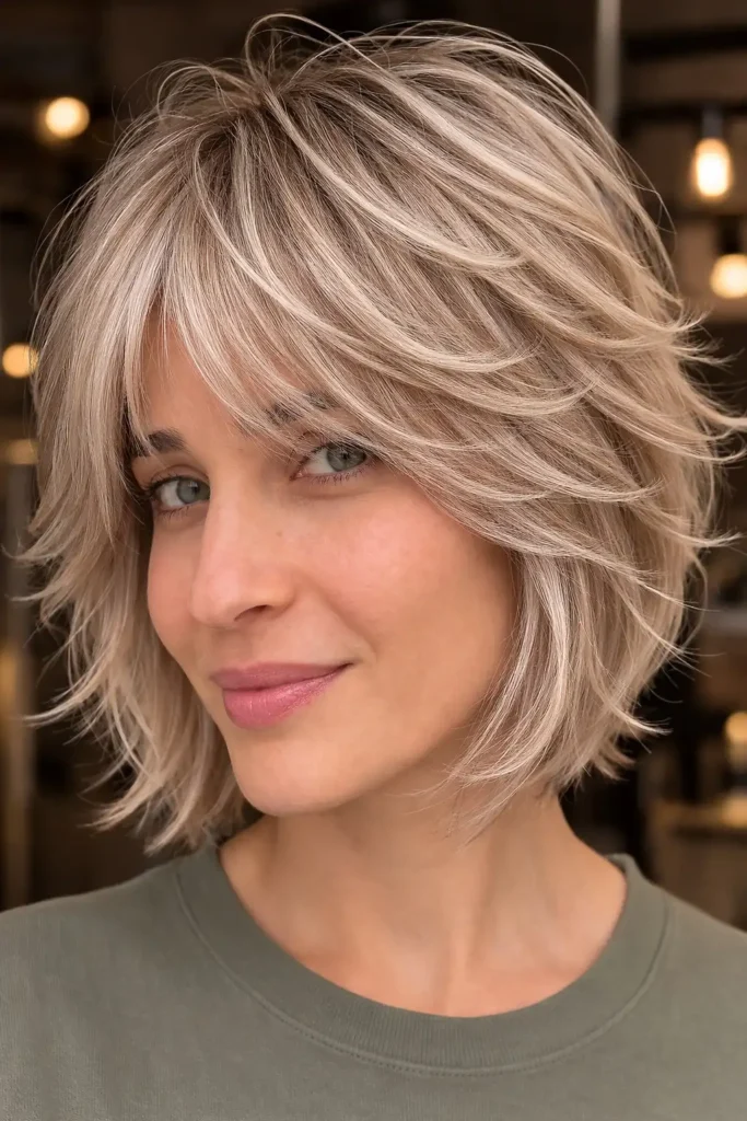 feathered short hairstyles with fringe bangs soft haircut