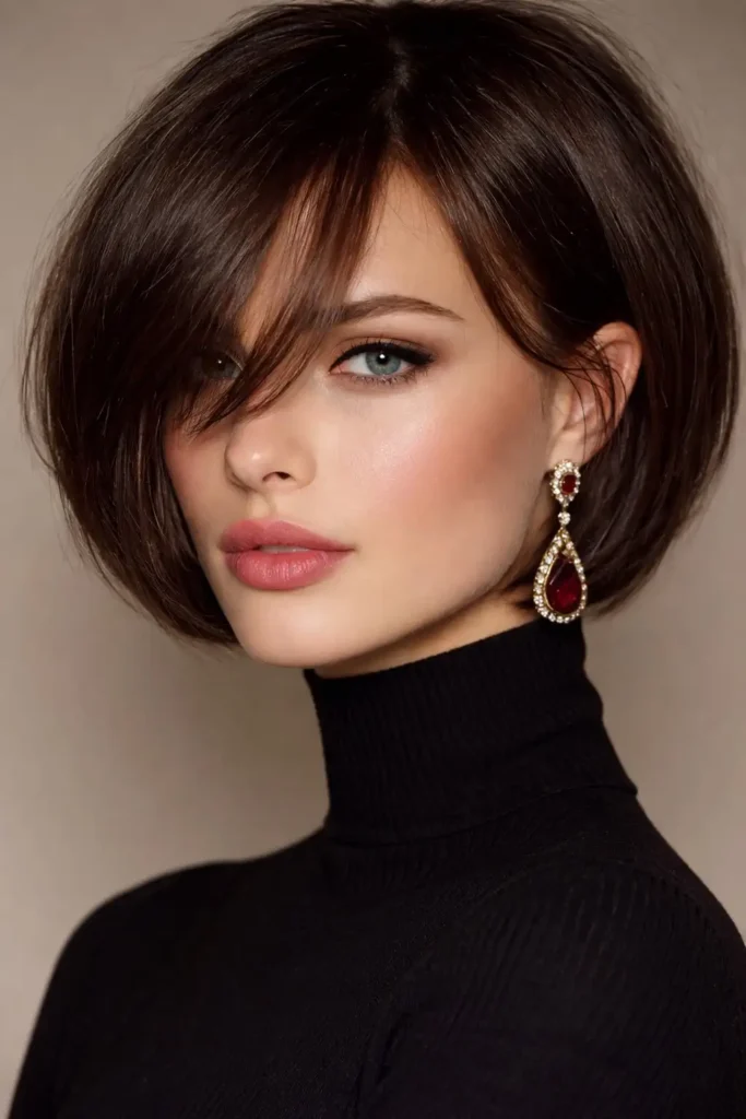 Medium bob hairstyle with side swept bangs for fine hair adding volume and fullness