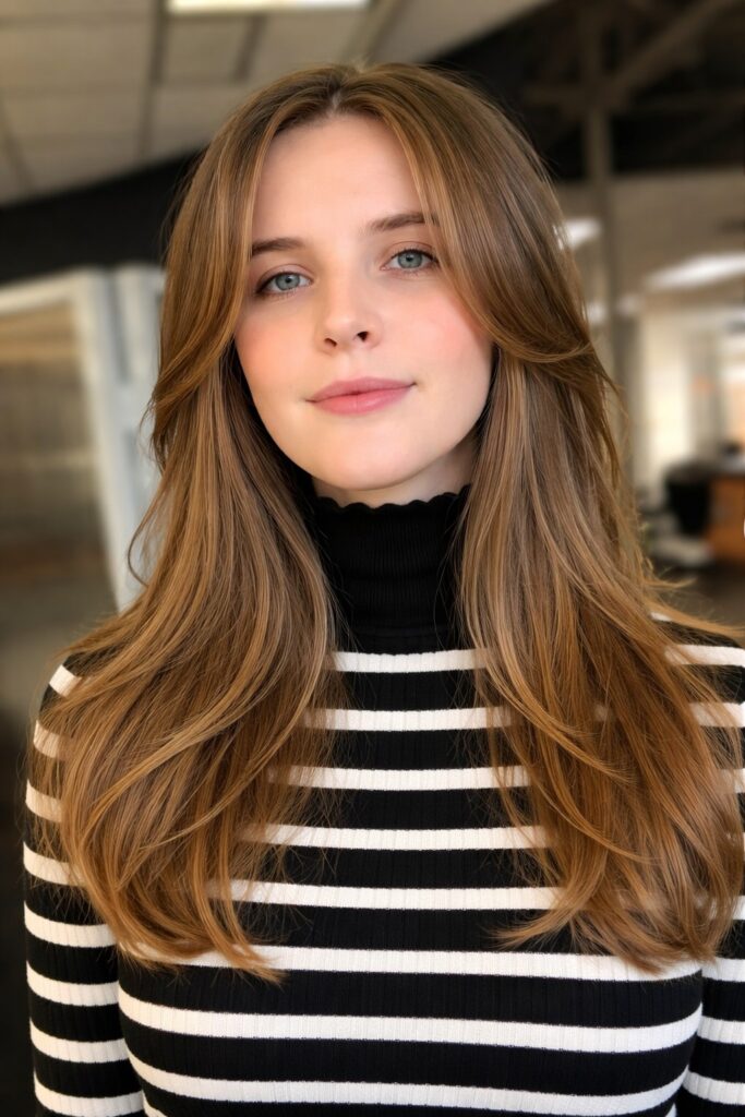 Fine hair layered hairstyle with side bangs for round face volume boost