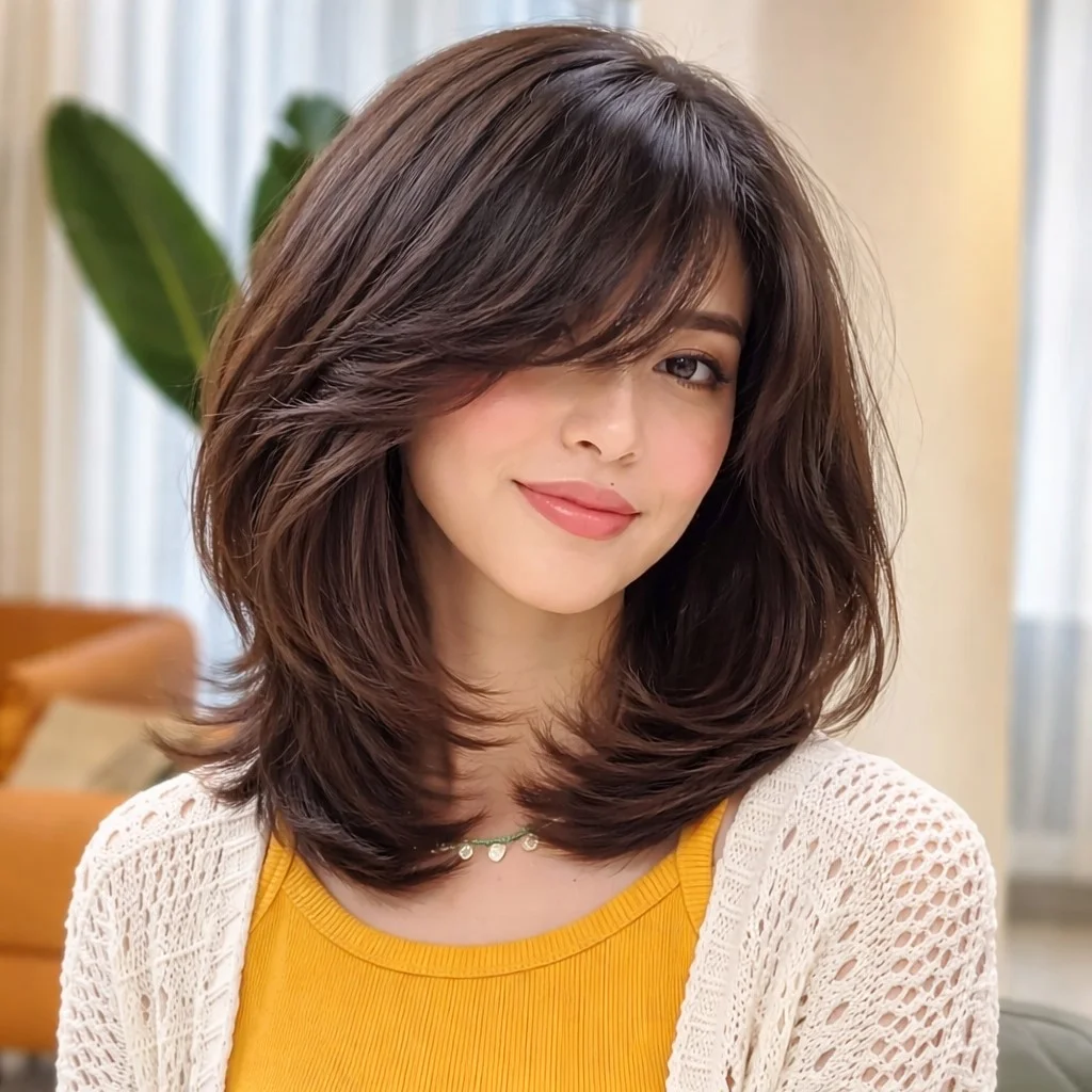 Shoulder length layered hairstyle with side bangs for fine hair volume