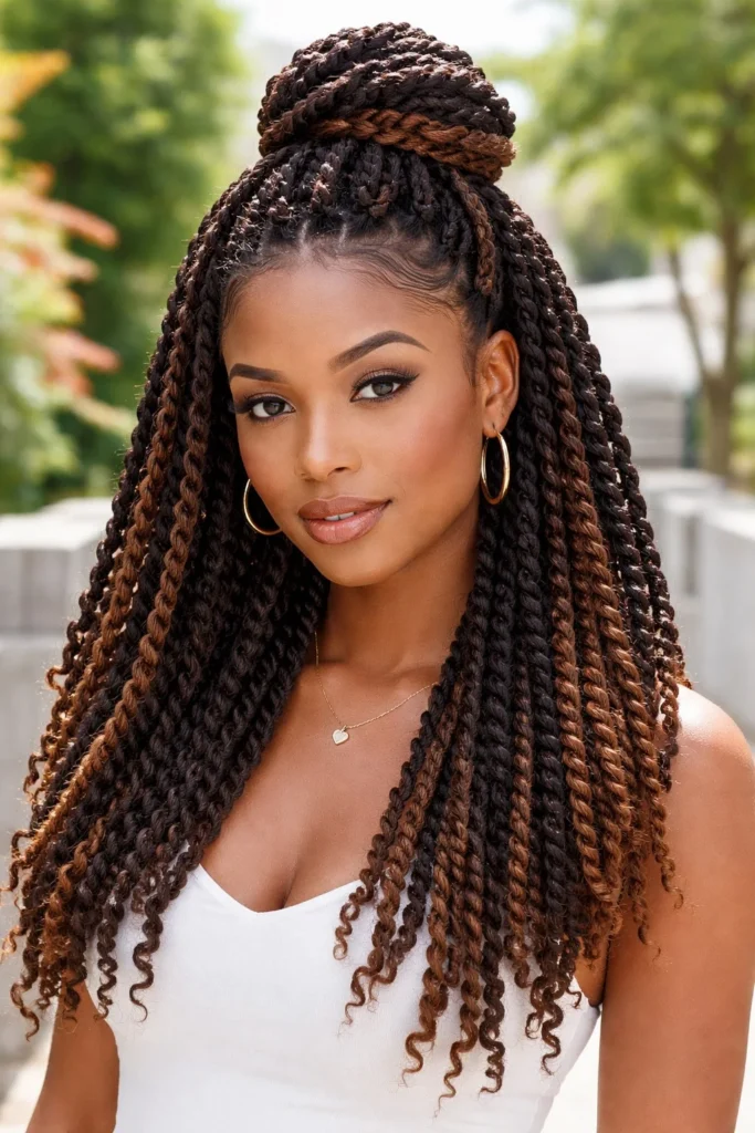Half-up half-down crochet twist braids hairstyle.