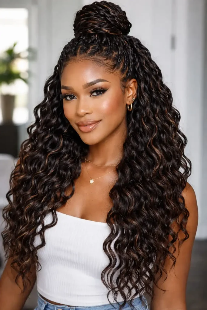 Half-up half-down wavy crochet braids style.
