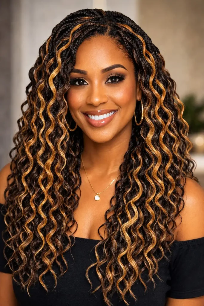 Highlighted wavy crochet braids with blended tones.