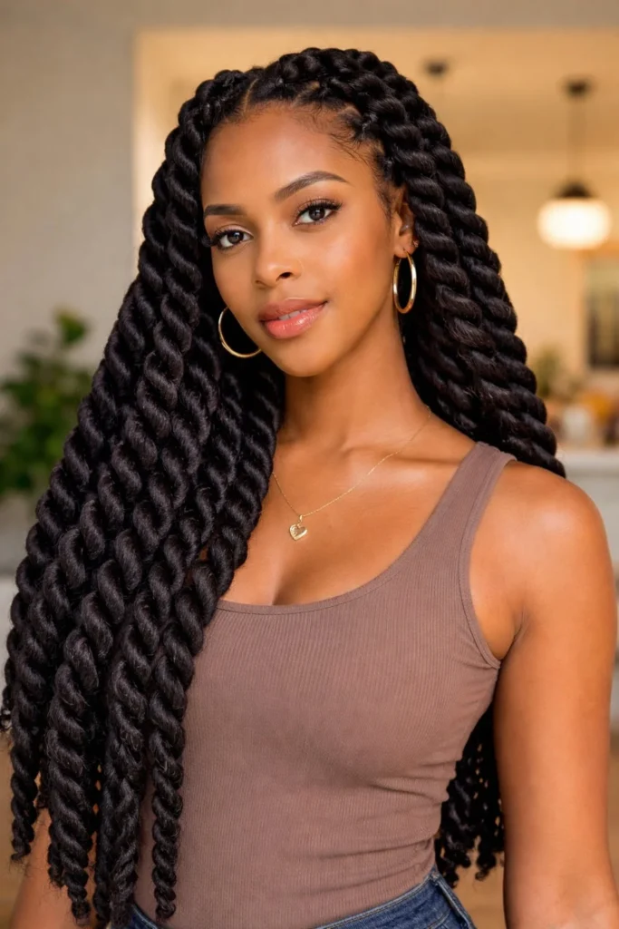 Jumbo crochet twist braids hairstyle with bold thick twists.