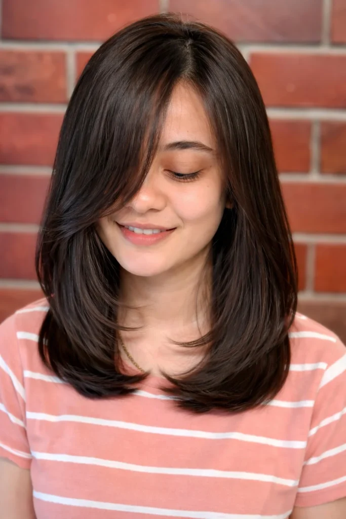 Shoulder length layered hairstyle with light side fringe natural finish